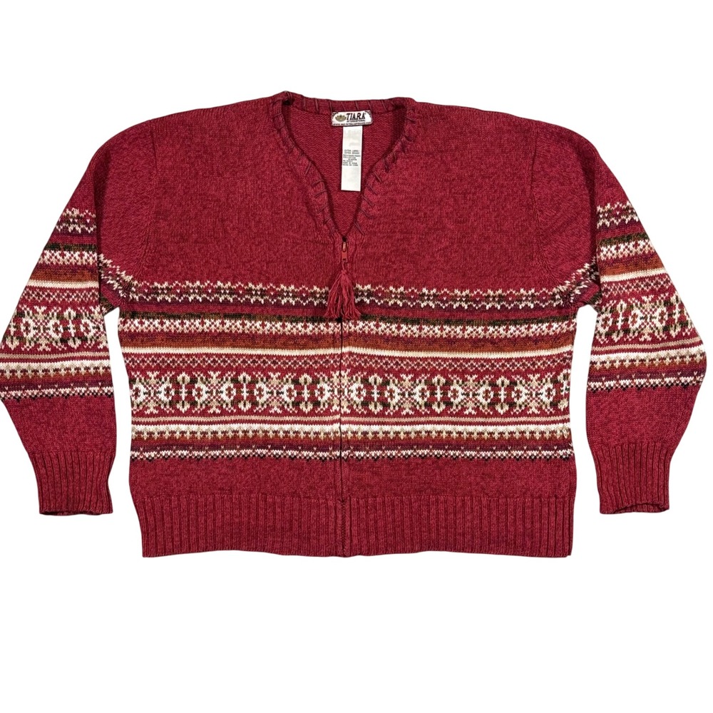 Vtg Tiara International Zip Up Cardigan Fair Isle Pattern‎ Sweater Extra Large